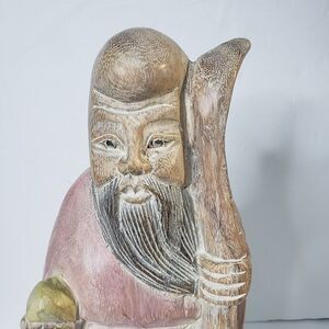 Asian Chinese Hand Carved Painted Wooden Statue of Shou Xing 13"